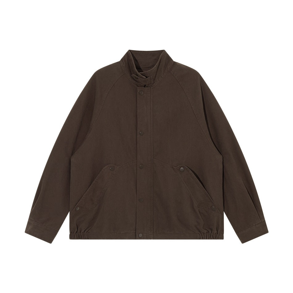Brown stand-collar jacket flat lay, front view with snap placket, raglan sleeves and elastic hem