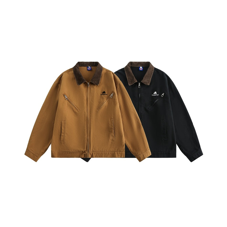 Two zip jackets shown from the front, one mustard and one black, both with brown collars and angled zip pockets.