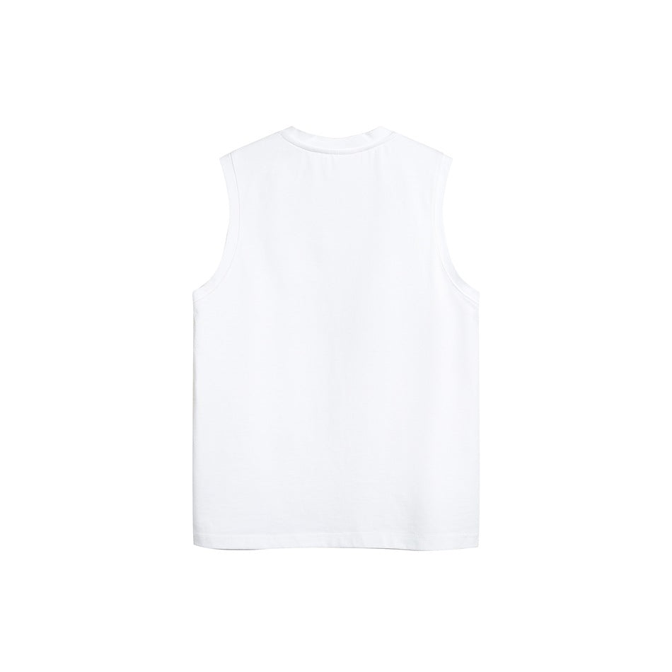 Plain white sleeveless shirt shown from the back against a white background.