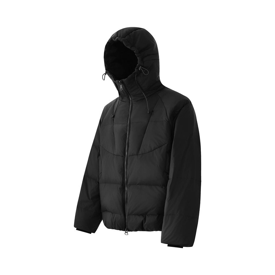 Three-quarter front view of a black quilted puffer jacket with a hood, drawcords, and front zipper on white.