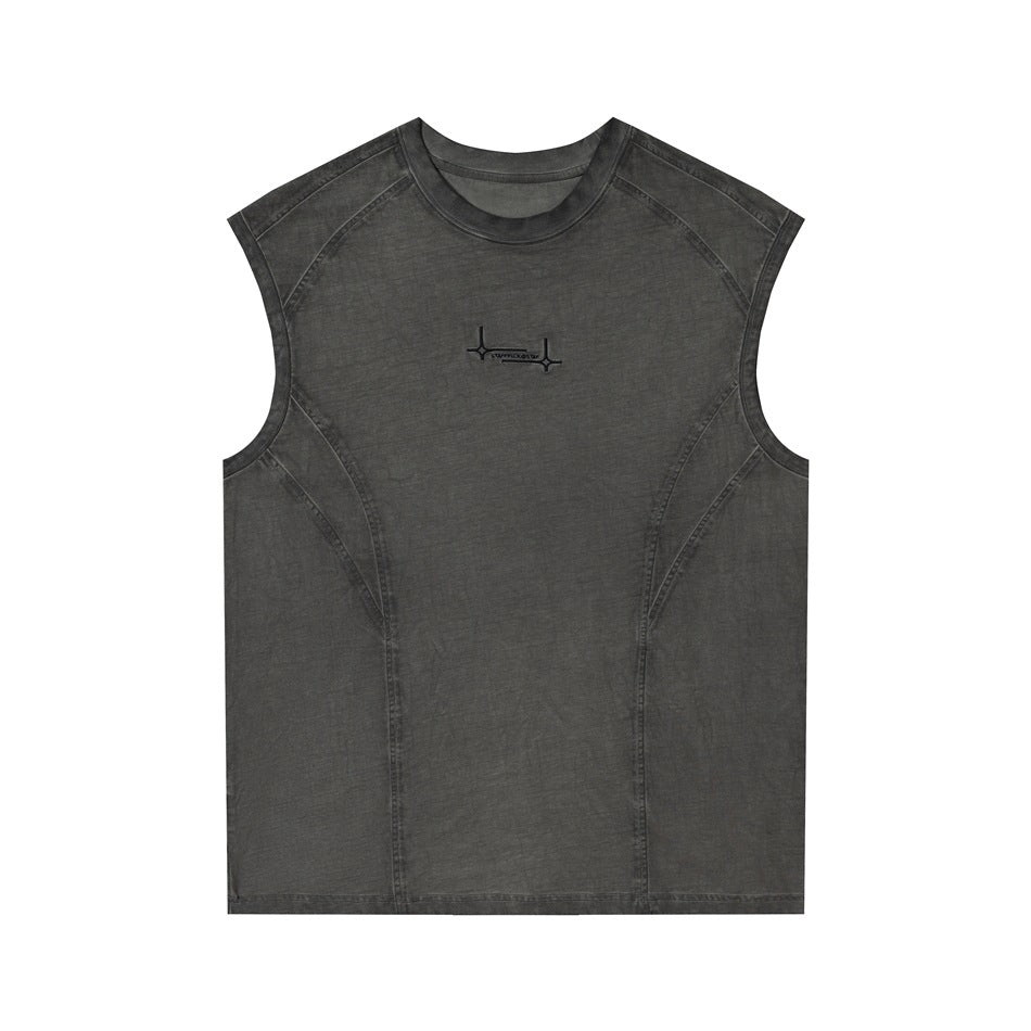 Dark gray washed sleeveless crew-neck vest, front view, with curved paneled seams and small chest mark