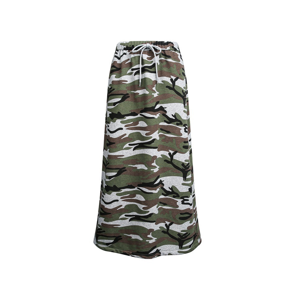 Camouflage print long A-line skirt with elastic waist and gray drawstring on a white background