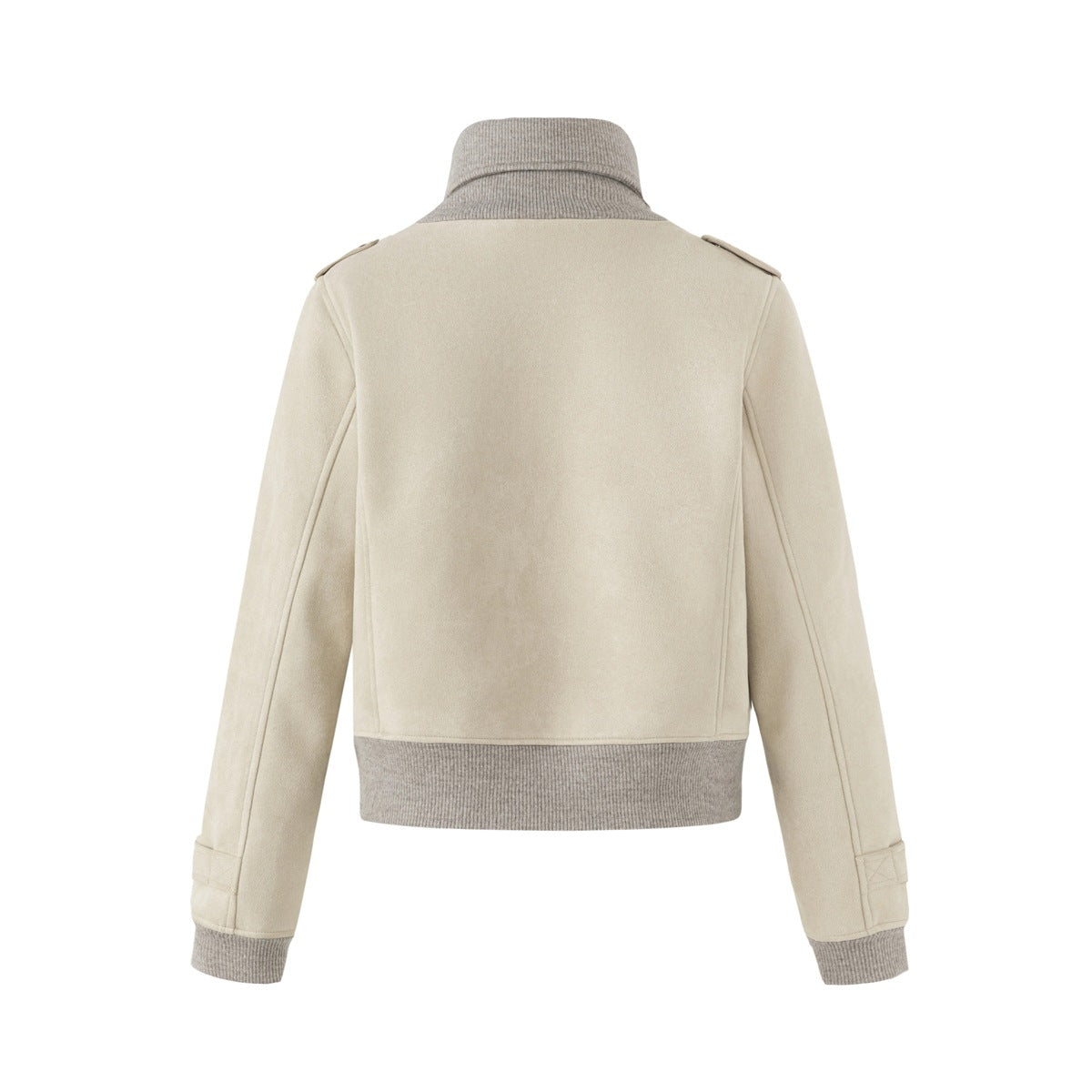 Back view of a cream jacket with a gray ribbed high collar, cuffs and hem, plus shoulder tabs.