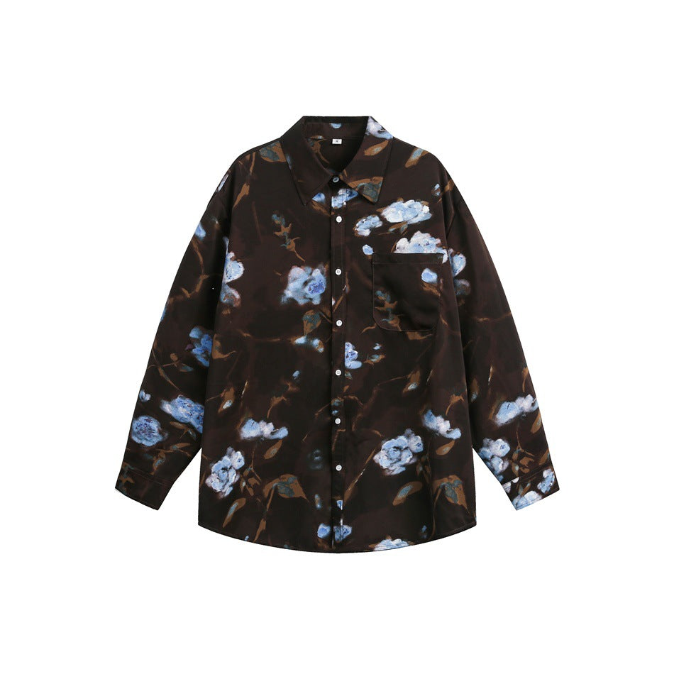 Dark brown long-sleeve button-up shirt with blue floral print and chest pocket, flat lay front view