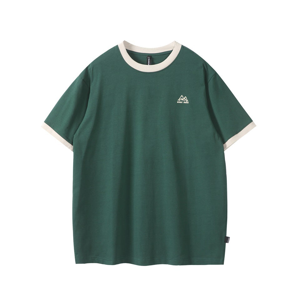 Front view of a forest-green short-sleeve T-shirt with cream crew-neck and sleeve trim and a small chest logo.