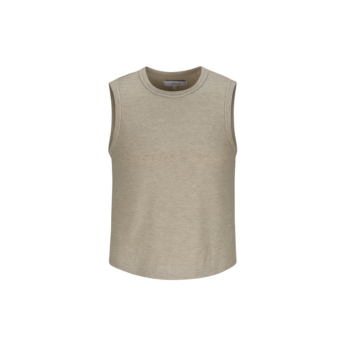 Light khaki sleeveless crew-neck tank top with textured knit surface, front view