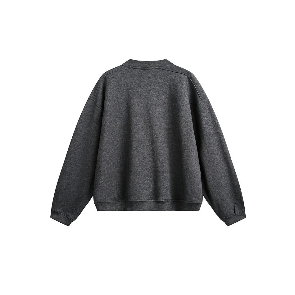 Back view of a charcoal gray zip-up jacket shown flat against a white background.