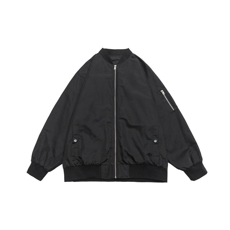 Black bomber jacket front view with ribbed collar, silver zipper, snap pockets and sleeve zip pocket