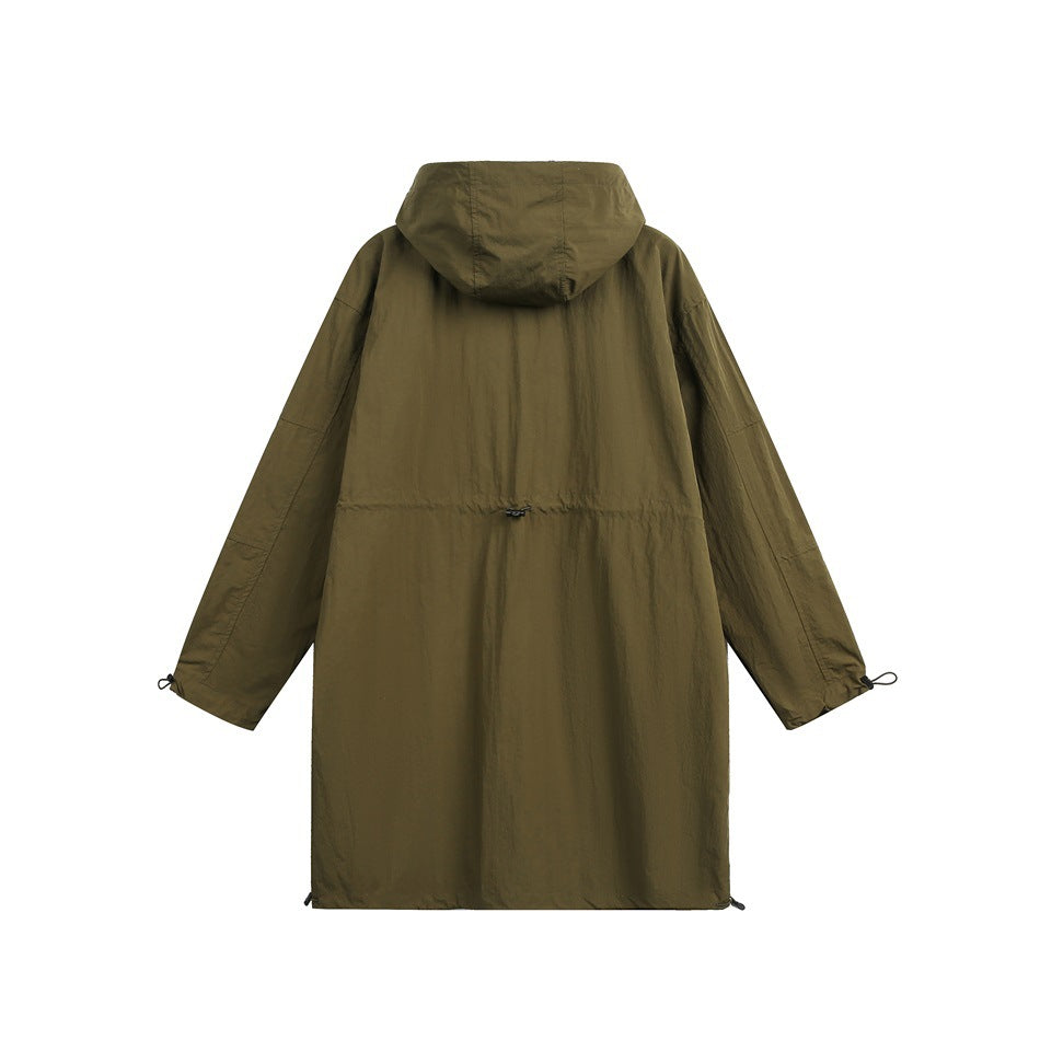 Back view of a long olive hooded jacket with adjustable waist and sleeve cuffs.