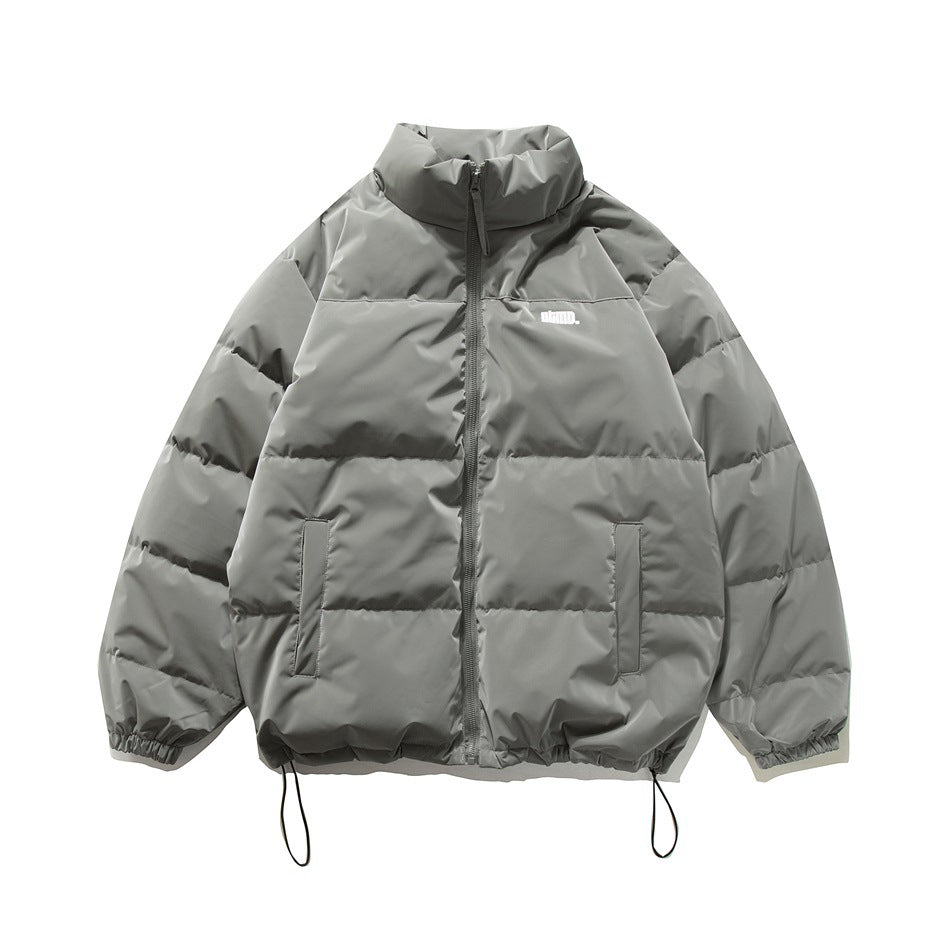 Front view of a gray puffer jacket with a high collar, full zip, two pockets and adjustable hem cords.