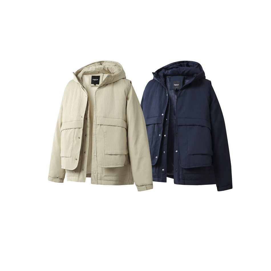 Beige and navy blue hooded padded jackets side by side, front view with snaps and flap pockets