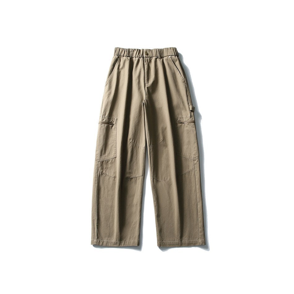 Khaki wide-leg cargo pants flat lay with elastic waist, button and zippered thigh pockets