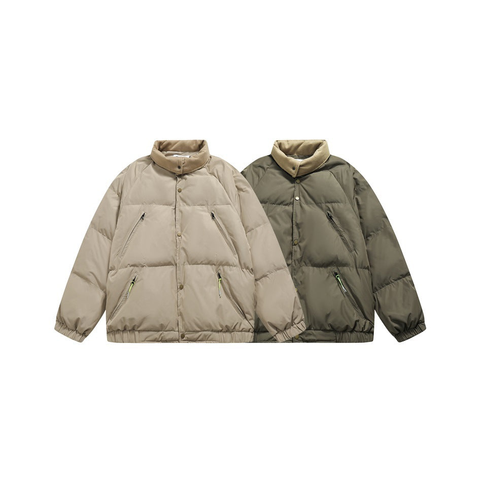 Two padded jackets shown from the front in light beige and dark olive, each with a high collar and zip pockets.