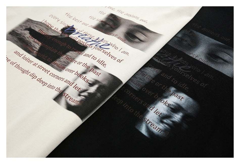 Cream and black T-shirts shown together with matching portrait images and English text prints.