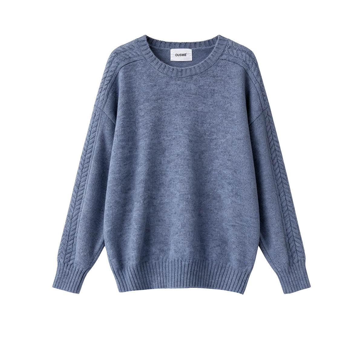 Blue crew-neck cable-knit sweater flat lay with ribbed collar, cuffs and hem