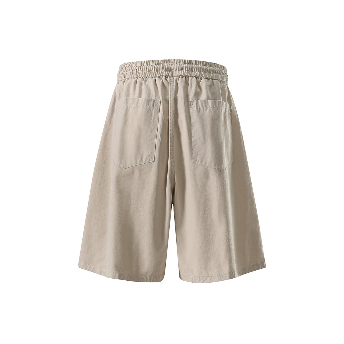 Back view of light beige wide-leg shorts with a gathered elastic waistband and two rear patch pockets.