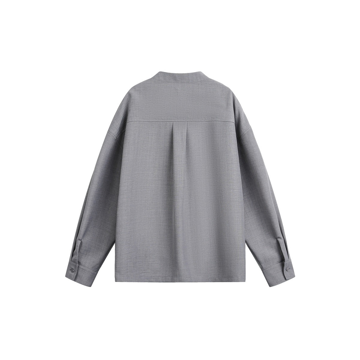 Back view of a gray long-sleeve shirt with a short stand collar, center pleat and buttoned cuffs.
