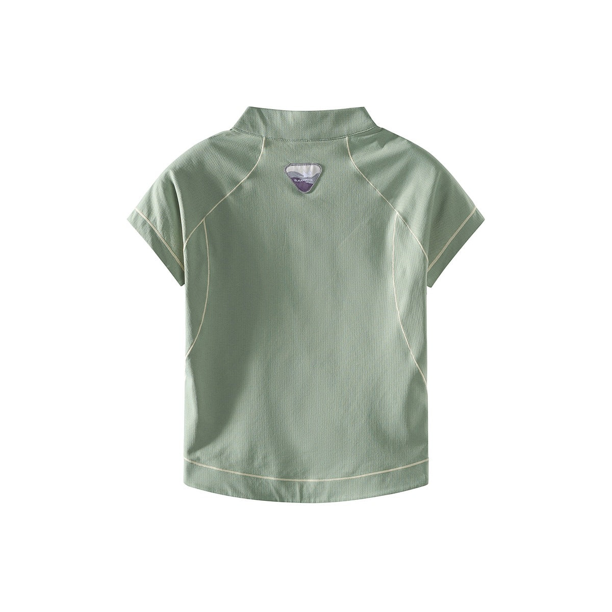 Back view of a muted sage green short-sleeve top with a high collar and light contrast seams.
