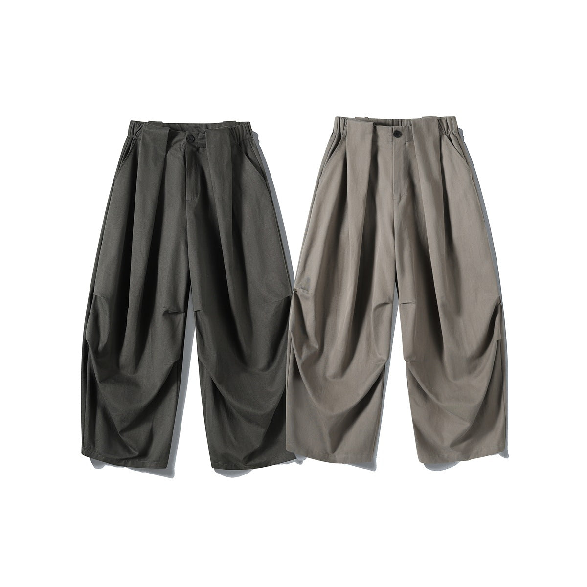 Two pairs of wide-leg pleated trousers shown from the front in charcoal and taupe.