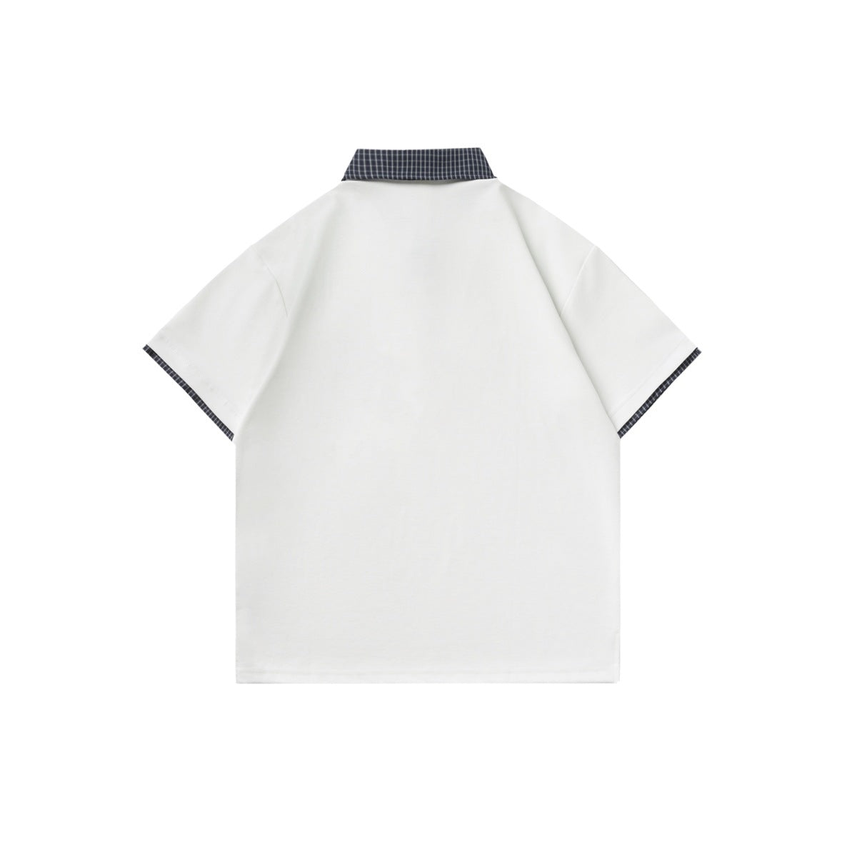Back view of a white short-sleeve polo shirt with checked trim on the collar and sleeve edges.