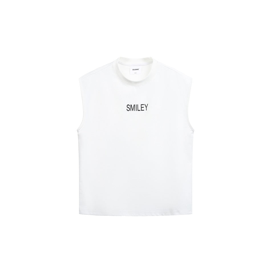 White sleeveless crew-neck top with small black SMILEY print at center chest, flat front view