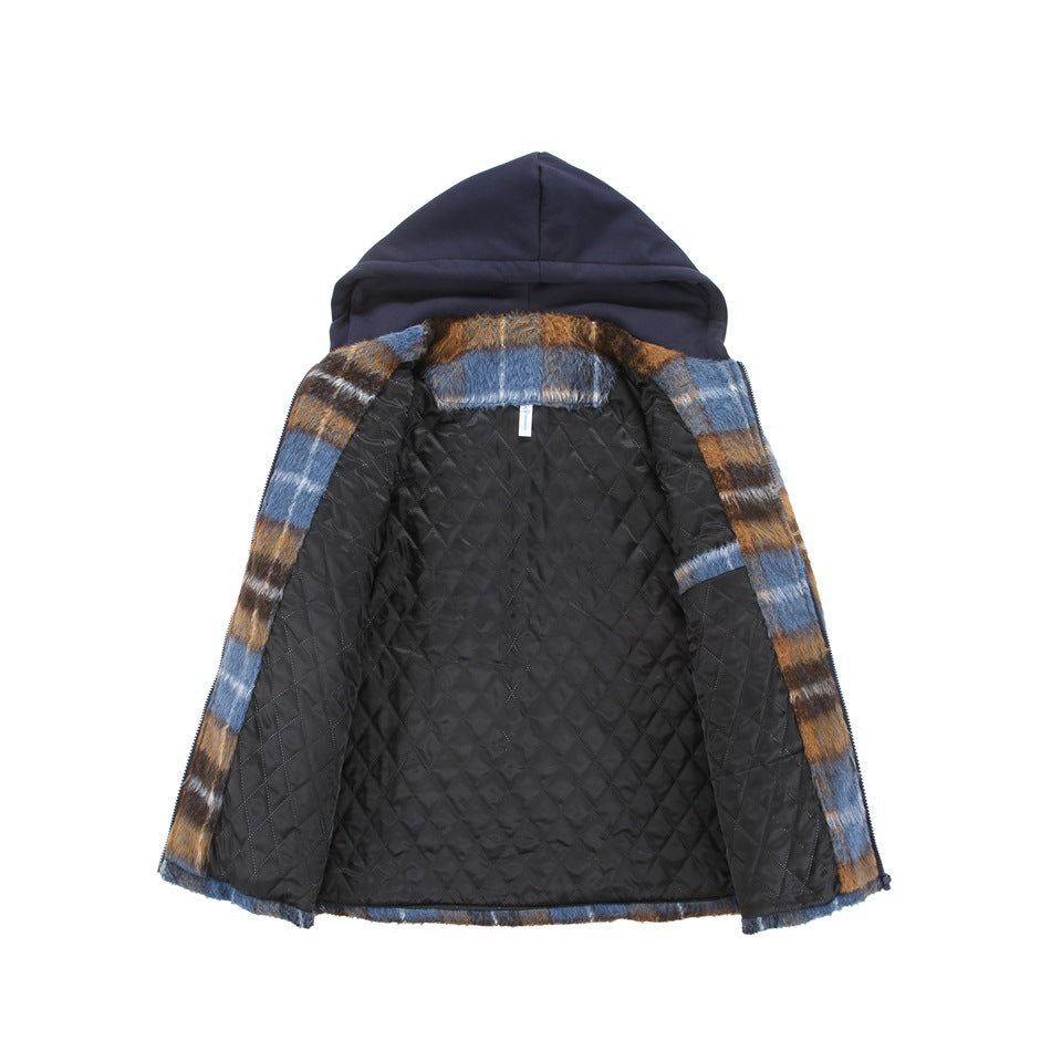 Open plaid hooded jacket showing its dark diamond-quilted interior lining and navy hood.