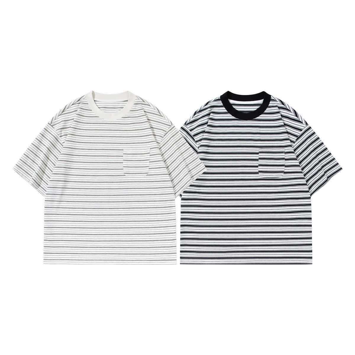 Two short-sleeve striped crew-neck T-shirts shown from the front: ivory with a light collar and black with a black collar