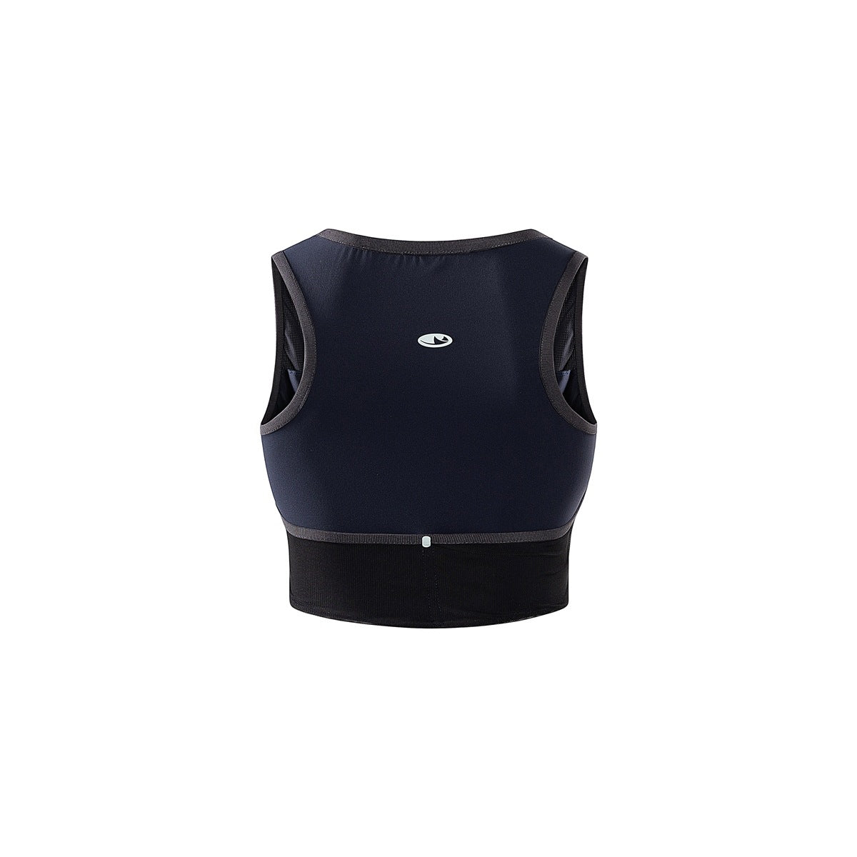 Back view of a dark navy sleeveless athletic crop top with charcoal trim and a small oval emblem.