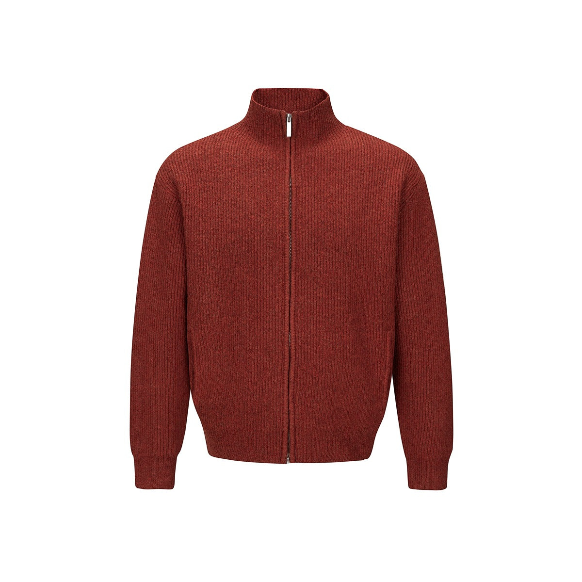 Rust red ribbed-knit zip-up jacket with stand collar, front view on white background