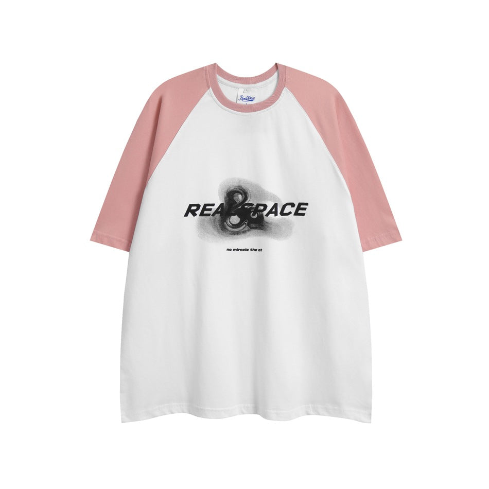 Pink and white raglan short-sleeve T-shirt with crew neck and front chest graphic print, flat lay