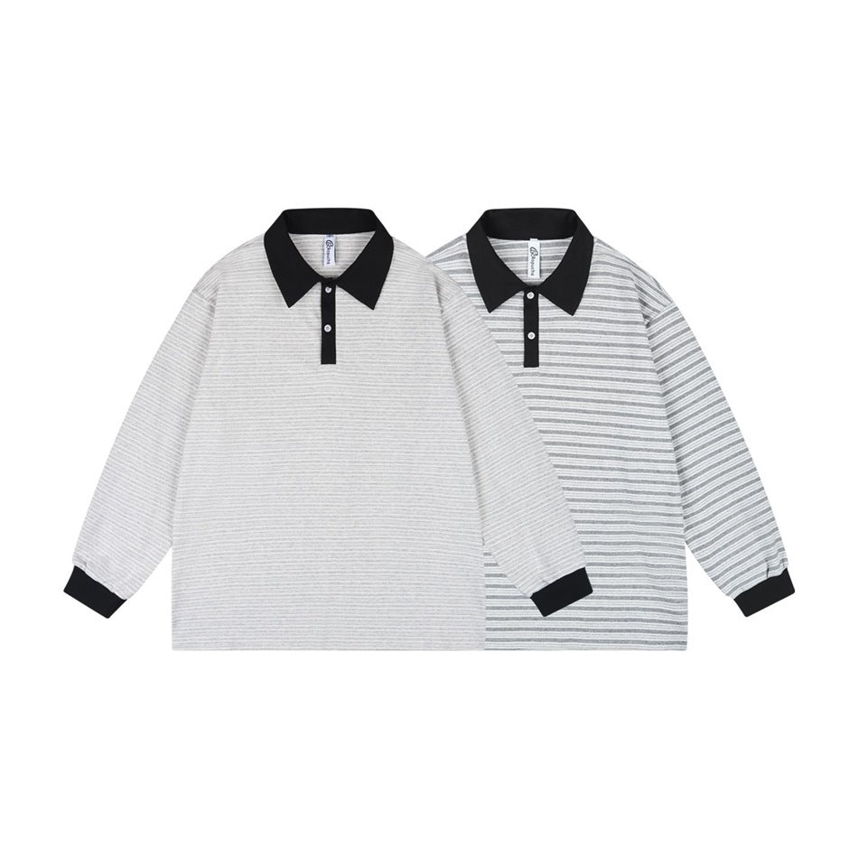 Two long-sleeve striped polo shirts shown from the front, one with fine stripes and one with bolder gray stripes; both have