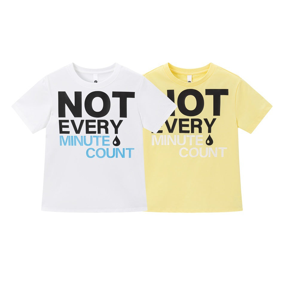White and pale yellow short-sleeve T-shirts shown together, both with bold “NOT EVERY MINUTE COUNT” front graphics.