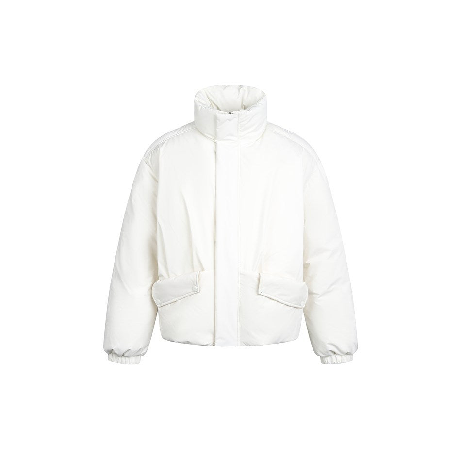 White puffer jacket with stand collar, snap-flap hip pockets and elastic cuffs, front view on white background