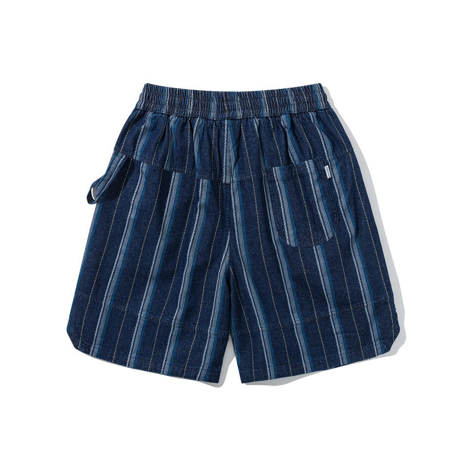 Back view of blue striped shorts showing patch pocket, elastic waistband and side loop