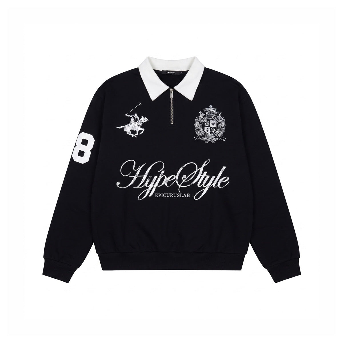 Black half-zip polo-collar sweatshirt with white collar, crest, polo-rider and script Hype Style print, flat front view