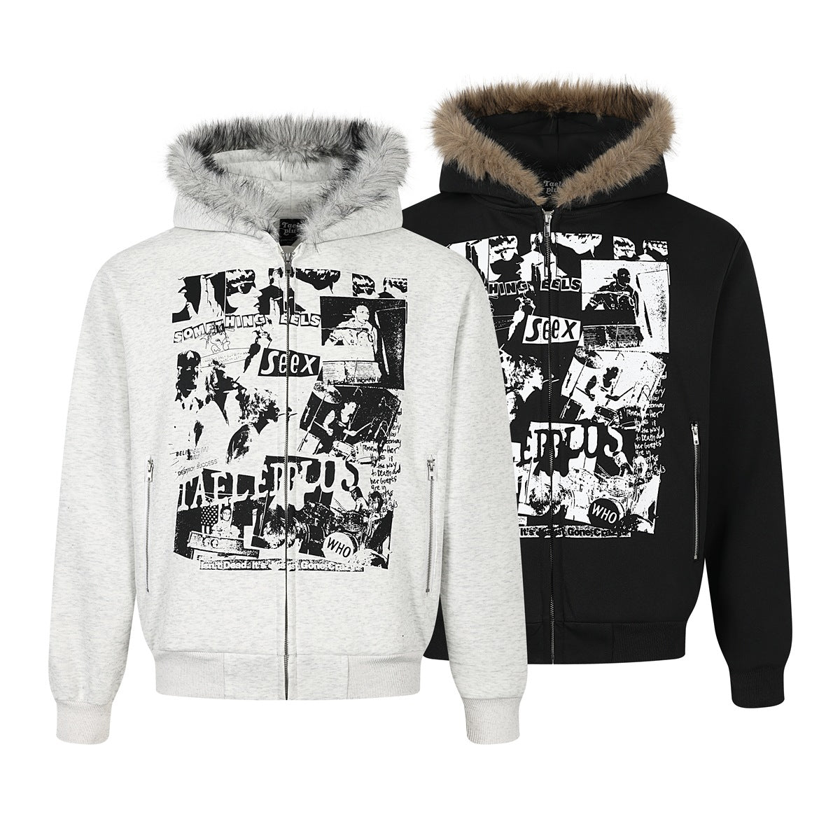 Light gray and black zip hoodies with faux-fur-trimmed hoods, front collage prints, and zip pockets shown together.