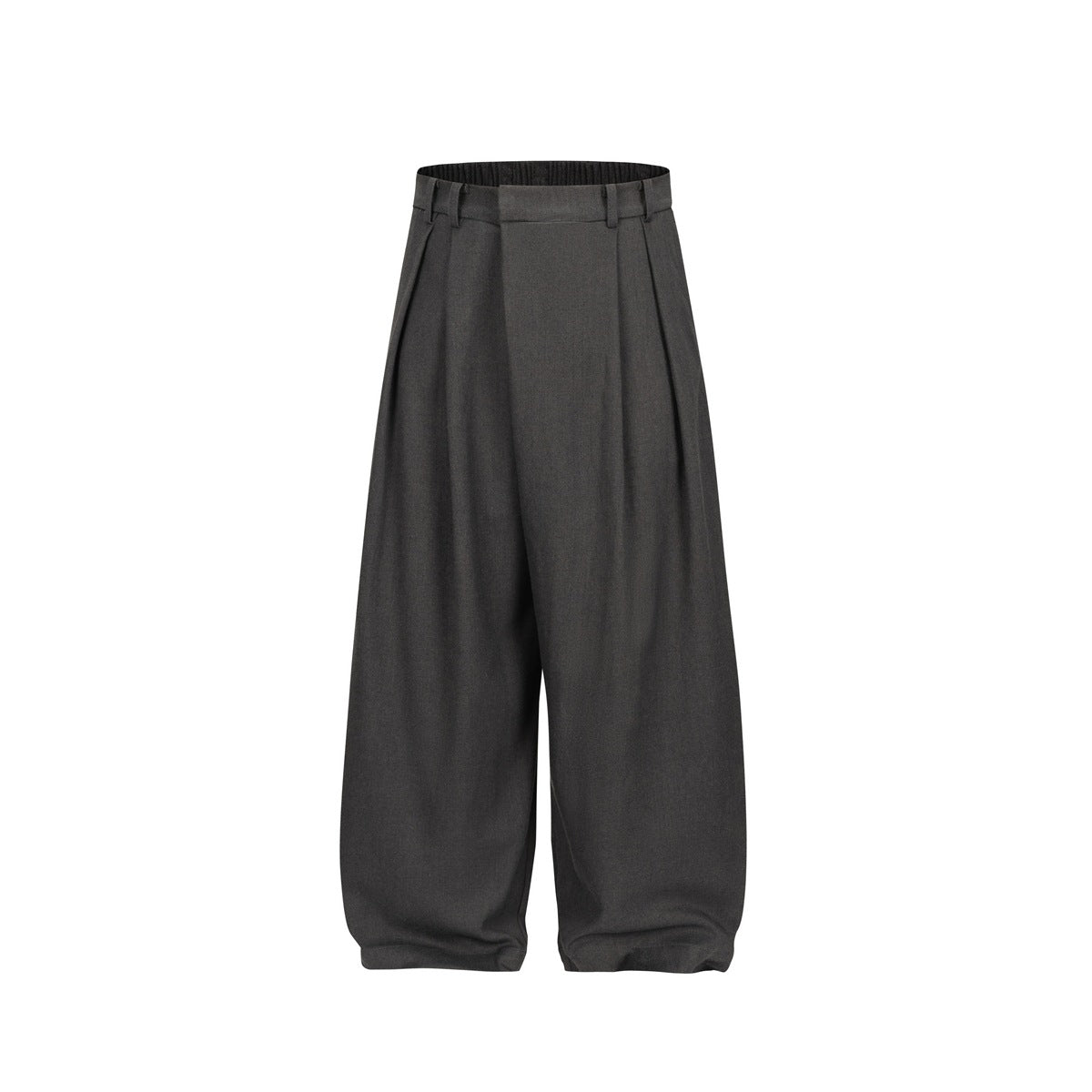 Dark gray wide-leg pleated trousers with belt loops and elastic back waist, flat front view