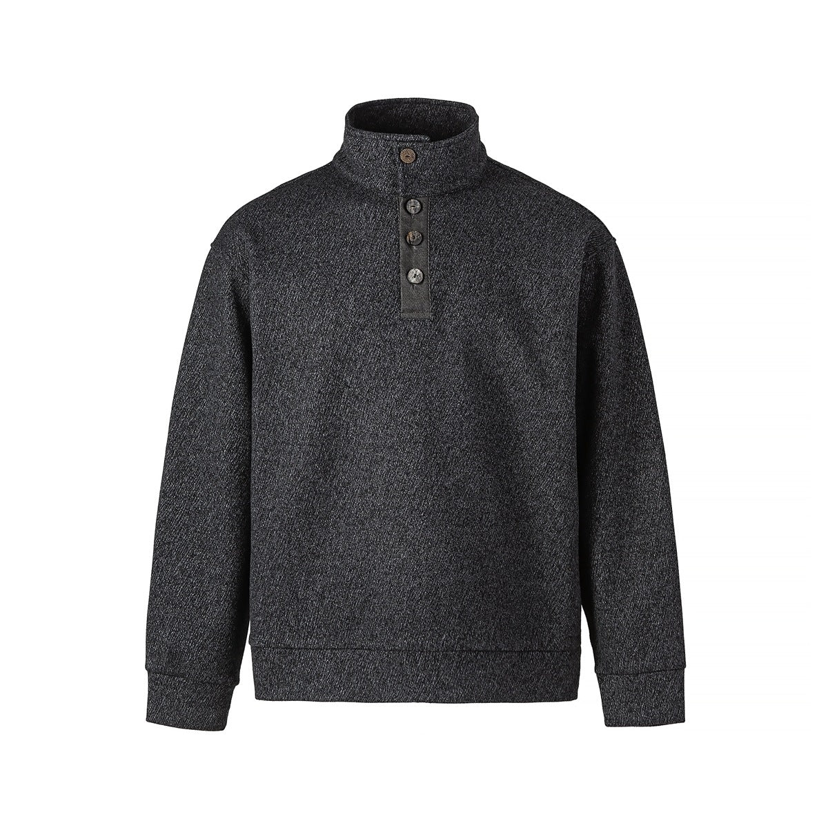 Black heathered pullover with stand collar, three-button placket, ribbed cuffs and hem, front view on white background