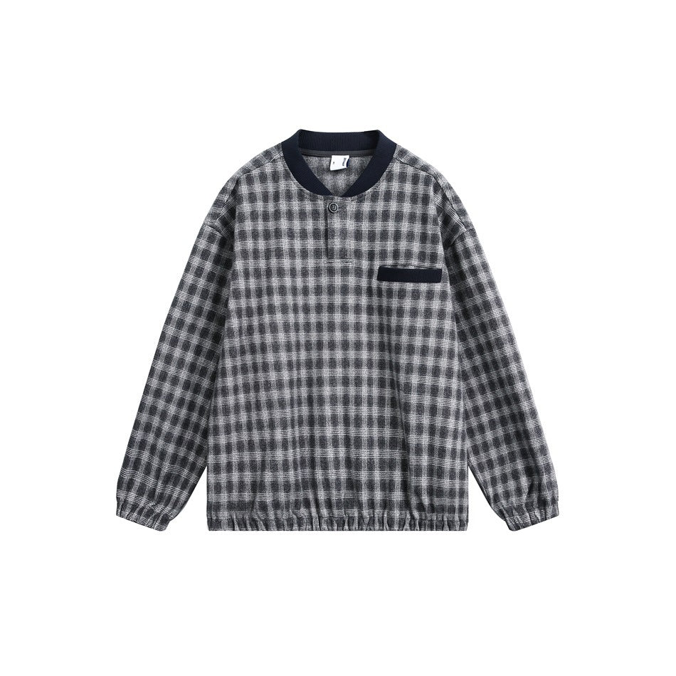 Gray and white plaid pullover with navy ribbed collar, button placket, chest pocket and elastic cuffs and hem, flat front