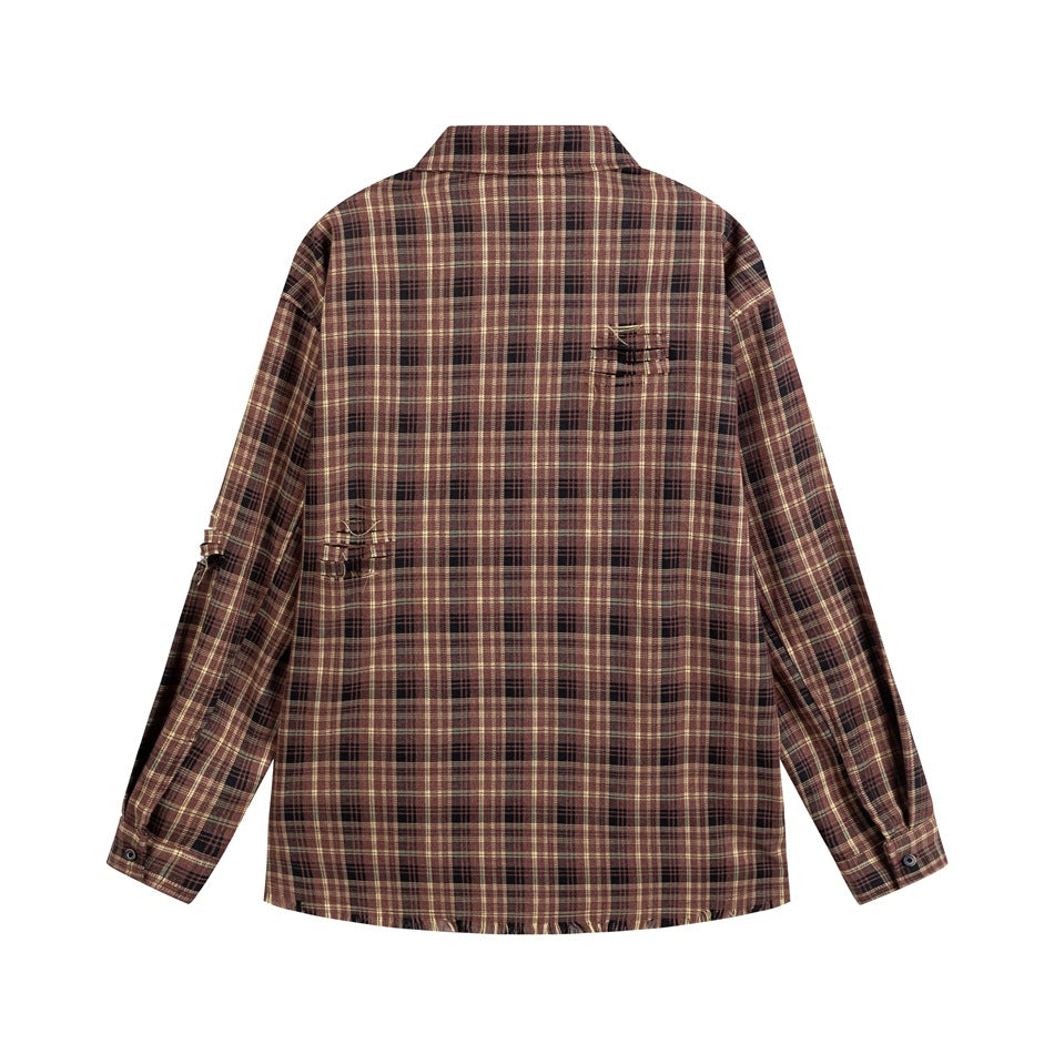 Back view of a brown and burgundy plaid button-up shirt with small distressed accents on a white background.
