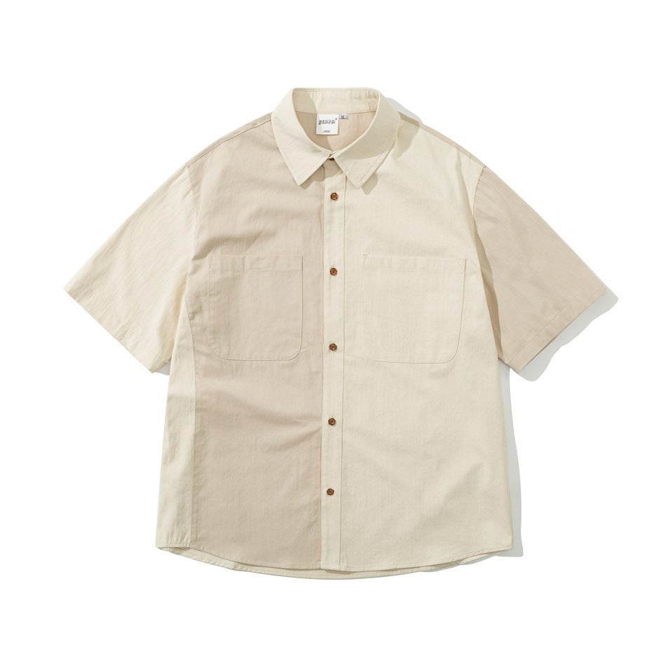 Beige two-tone short-sleeve button-up shirt with two chest patch pockets and brown buttons, flat front view