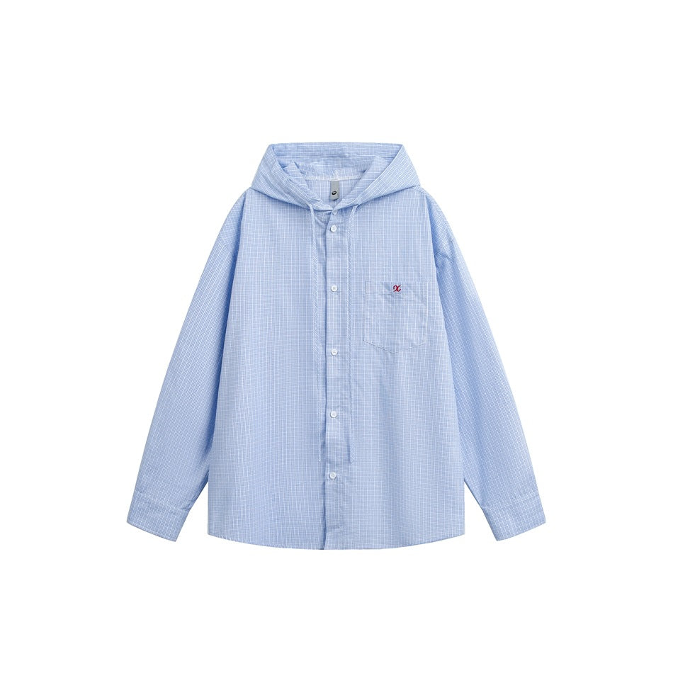 Front view of a light blue fine-check hooded button-up shirt with a chest pocket and small red embroidered emblem.