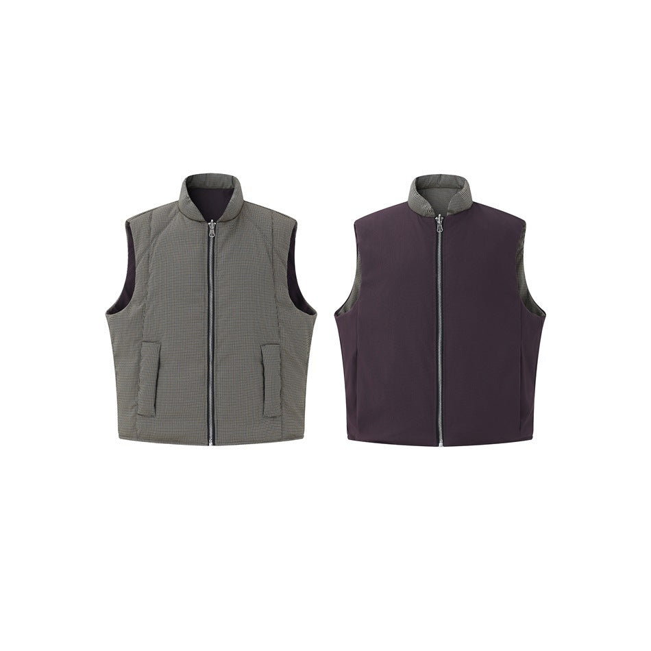 Sleeveless zip vest shown twice: gray houndstooth side with flap pockets and solid dark plum side