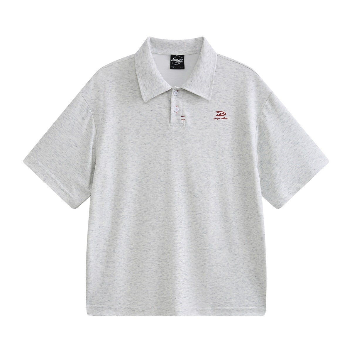 Heather gray short-sleeve polo shirt flat lay, front view, with two buttons and a small red chest logo