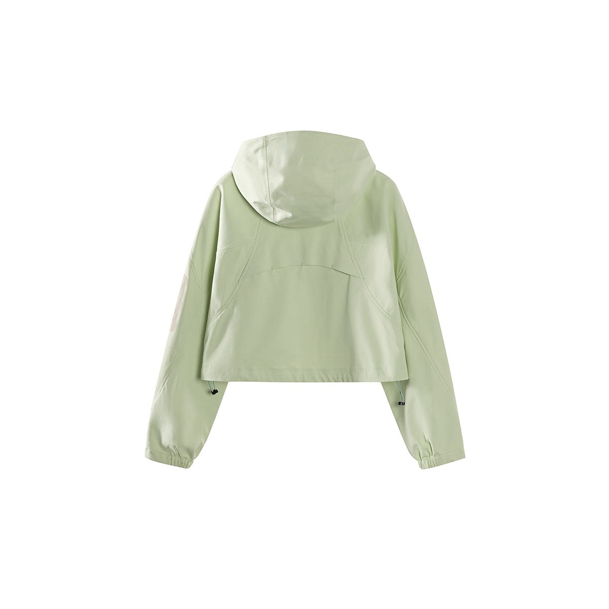 Back view of a pale sage cropped hooded jacket with long sleeves and adjustable hem cords.