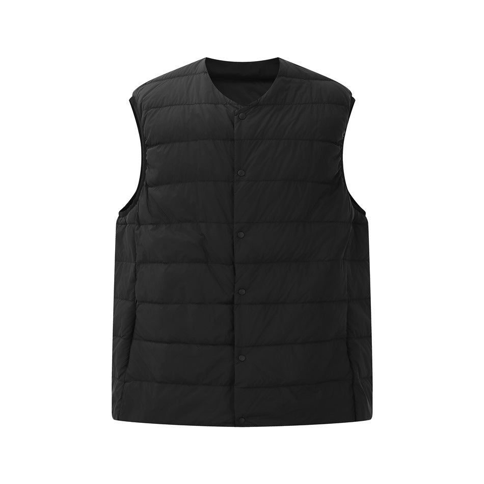Black quilted sleeveless vest with collarless neckline and snap-button front, shown flat from the front