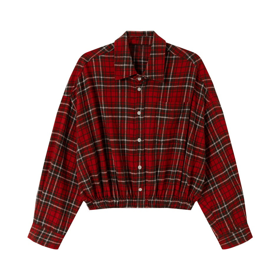 Red plaid cropped shirt jacket flat lay with collar, button front, chest pocket and elastic gathered hem