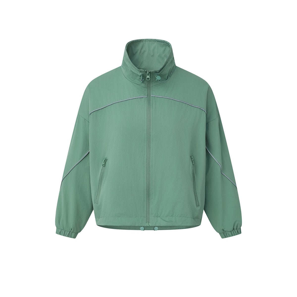 Green stand-collar zip jacket flat front view with gray piping, zip pockets and elastic cuffs