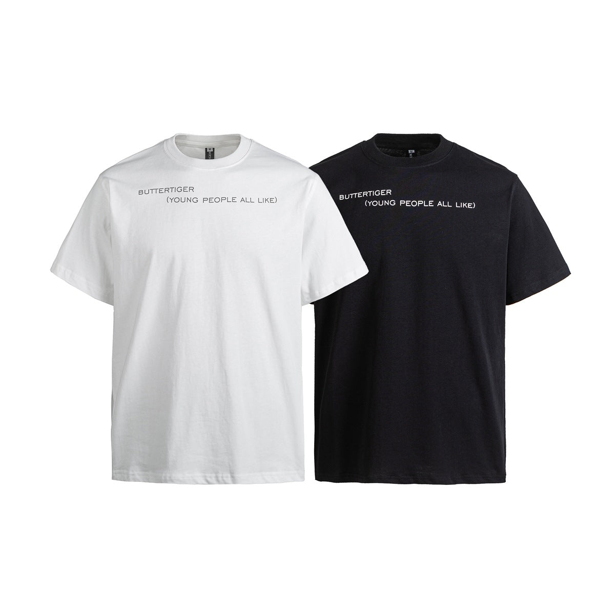 White and black short-sleeve crew-neck T-shirts with small English chest lettering, shown from the front.