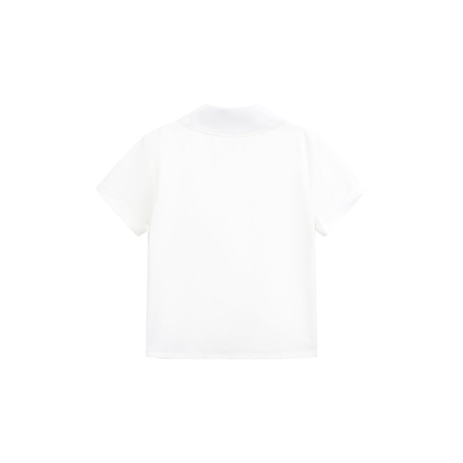Back view of white short-sleeve shirt with wide rounded collar edged in light trim